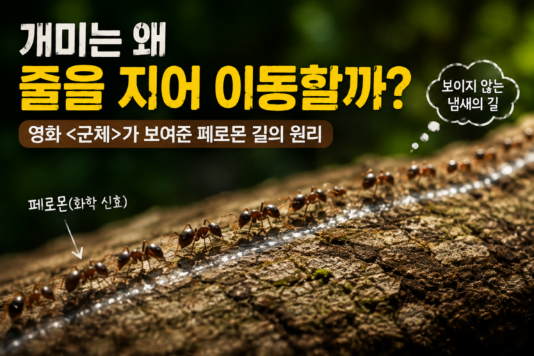 개미가 페로몬 길을 따라 줄지어 이동하는 모습