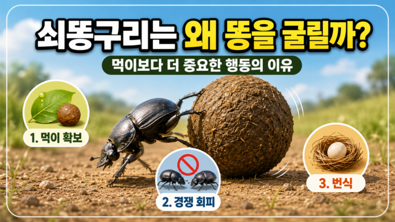 제목 쇠똥구리는 왜 똥을 굴릴까? 먹이보다 더 중요한 행동의 이유 글 내용 초원이나 목초지에서 둥근 똥 덩어리를 굴리며 이동하는 곤충을 본 적이 있으신가요? 바로 쇠똥구리입니다. 쇠똥구리는 이름 그대로 동물의 배설물을 이용해 살아가는 곤충입니다. 그런데 자세히 보면 단순히 똥을 먹는 데서 끝나지 않습니다. 배설물을 둥글게 뭉쳐 굴리고, 다른 장소로 옮기고, 땅속에 묻는 행동까지 합니다. 이 행동에는 먹이 확보뿐 아니라 번식과 경쟁을 피하기 위한 중요한 이유가 숨어 있습니다. 쇠똥구리는 왜 굳이 똥을 굴릴까요? 쇠똥구리에게 동물의 배설물은 중요한 먹이 자원입니다. 하지만 초원에 떨어진 배설물에는 여러 곤충이 한꺼번에 몰릴 수 있습니다. 한곳에 계속 머물면 다른 쇠똥구리와 먹이를 두고 경쟁해야 합니다. 그래서 일부 쇠똥구리는 배설물의 일부를 떼어 둥글게 만든 뒤 빠르게 다른 장소로 옮깁니다. 즉 똥을 굴리는 행동은 먹이를 확보하면서 경쟁자에게 빼앗길 가능성을 줄이는 방법이기도 합니다. 왜 하필 동그랗게 만들까요? 둥근 형태는 굴리기에 유리합니다. 모양이 울퉁불퉁하면 이동하면서 자꾸 걸리거나 방향이 바뀔 수 있지만, 둥글게 만들면 상대적으로 적은 힘으로 멀리 이동할 수 있습니다. 쇠똥구리는 앞다리와 머리를 이용해 배설물을 정리한 뒤 공처럼 만들어냅니다. 그다음 주로 뒷다리를 이용해 공을 밀면서 이동합니다. 몸은 이동 방향과 반대로 향한 채 뒤로 걸으며 공을 굴리는 모습이 매우 독특합니다. 쇠똥구리는 똥을 굴려 어디로 가져갈까요? 똥 공을 만든 쇠똥구리는 원래 배설물이 있던 자리에서 일정 거리 떨어진 곳으로 이동합니다. 이후 땅을 파고 공을 묻는 경우가 있습니다. 이렇게 묻어둔 배설물은 먹이로 이용되거나 번식 과정에서 사용될 수 있습니다. 땅속은 지상보다 다른 곤충에게 쉽게 빼앗기지 않고, 강한 햇빛이나 건조한 환경의 영향도 줄일 수 있습니다. 따라서 똥을 굴리는 행동은 단순한 이동이 아니라 자원을 안전하게 보관하는 과정이라고 볼 수 있습니다. 모든 쇠똥구리가 똥을 굴릴까요? 그렇지는 않습니다. 쇠똥구리류의 생활 방식은 크게 여러 유형으로 나눌 수 있습니다. 일부는 우리가 흔히 떠올리는 것처럼 배설물을 공 모양으로 만들어 멀리 굴립니다. 또 다른 종류는 배설물이 떨어진 바로 아래쪽에 굴을 파고 먹이를 저장합니다. 배설물 자체에서 생활하는 종류도 있습니다. 즉 쇠똥구리라고 해서 모두 똑같이 똥 공을 만들어 굴리는 것은 아닙니다. 먹는 것보다 번식이 더 중요한 경우도 있을까요? 쇠똥구리가 만든 똥 공은 단순한 식사 한 끼가 아닐 수 있습니다. 일부 종류에서는 번식을 위해 별도의 배설물 덩어리를 만들고 땅속에 묻습니다. 암컷은 그 안이나 주변에 알을 낳고, 알에서 깨어난 유충은 준비된 배설물을 먹으며 성장합니다. 부모가 미리 먹이를 준비해두는 셈입니다. 따라서 쇠똥구리가 큰 똥 공을 힘들게 옮기는 행동에는 다음 세대를 위한 먹이를 마련한다는 의미도 있습니다. 쇠똥구리는 어떻게 방향을 찾을까요? 쇠똥구리는 먹이를 확보한 뒤 가능한 한 빠르게 배설물이 있는 장소에서 벗어나려고 합니다. 경쟁자가 많은 곳에서 오래 머물수록 똥 공을 빼앗길 가능성이 커지기 때문입니다. 흥미로운 점은 일부 쇠똥구리가 태양이나 하늘의 빛을 이용해 비교적 곧은 방향으로 이동한다는 것입니다. 연구를 통해 어떤 쇠똥구리는 밤에도 달빛이나 밤하늘의 밝기 패턴을 이용해 방향을 잡을 수 있는 것으로 알려져 있습니다. 작은 곤충이 하늘의 정보를 이용해 이동한다는 점에서 매우 독특한 행동입니다. 왜 공 위에 올라가서 빙글빙글 돌기도 할까요? 쇠똥구리를 관찰하다 보면 똥 공 위에 올라가 몸을 돌리는 행동을 볼 수 있습니다. 이 행동은 이동 방향을 정하거나 다시 확인하는 과정과 관련이 있는 것으로 알려져 있습니다. 공을 굴리다가 장애물을 만나거나 방향이 흐트러지면 다시 공 위에 올라가 주변과 하늘의 정보를 확인한 뒤 이동을 이어가기도 합니다. 겉으로 보면 단순히 공 위에서 맴도는 것처럼 보이지만 실제로는 방향을 찾기 위한 행동일 수 있습니다. 쇠똥구리는 똥에서 무엇을 먹을까요? 동물의 배설물에는 소화되지 않고 남은 유기물과 수분, 미생물 등 다양한 성분이 들어 있습니다. 쇠똥구리 성충은 이런 자원을 이용합니다. 특히 초식동물의 배설물은 식물성 물질이 많이 남아 있어 여러 쇠똥구리에게 중요한 먹이가 됩니다. 종류에 따라 선호하는 배설물이나 먹이 방식에는 차이가 있습니다. 그래서 모든 쇠똥구리가 모든 종류의 배설물을 똑같이 이용하는 것은 아닙니다. 쇠똥구리는 자연에서 어떤 역할을 할까요? 쇠똥구리는 생태계에서 매우 중요한 역할을 합니다. 동물의 배설물을 그대로 두지 않고 잘게 나누거나 땅속으로 옮기기 때문입니다. 이 과정에서 배설물이 더 빠르게 분해되고 영양분이 토양으로 돌아갈 수 있습니다. 또 땅을 파는 과정은 토양을 섞고 공기가 통하는 데 도움을 줄 수 있습니다. 배설물이 오랫동안 지표에 남아 있는 것을 줄여 다른 파리류가 번식할 수 있는 환경을 감소시키는 효과도 있습니다. 작은 쇠똥구리가 초원의 청소부라고 불리는 이유입니다. 똥을 땅속에 묻으면 식물에도 도움이 될까요? 배설물에는 식물 성장에 필요한 여러 영양 성분이 포함되어 있습니다. 쇠똥구리가 이를 땅속으로 옮기면 영양분이 토양 안쪽으로 이동하는 데 도움이 될 수 있습니다. 또 굴을 파는 과정에서 흙의 구조가 달라지고 물이 스며드는 데 영향을 줄 수도 있습니다. 쇠똥구리의 행동은 자신이 먹이를 얻는 것에서 끝나지 않고 주변 토양과 식물에도 영향을 미치는 것입니다. 쇠똥구리는 왜 그렇게 힘이 셀까요? 쇠똥구리는 몸집에 비해 상당한 힘을 가진 곤충으로 잘 알려져 있습니다. 자신보다 크고 무거운 배설물 공을 밀거나 굴려야 하기 때문에 강한 다리와 근육이 발달해 있습니다. 특히 뒷다리는 공을 굴리고 이동시키는 데 중요한 역할을 합니다. 작은 몸으로 자신보다 훨씬 큰 덩어리를 움직이는 모습을 보면 쇠똥구리의 몸이 생활 방식에 맞게 얼마나 잘 적응했는지 알 수 있습니다. 쇠똥구리를 관찰할 때 무엇을 보면 좋을까요? 먼저 배설물을 발견한 뒤 어떤 행동을 하는지 살펴보세요. 배설물 일부를 떼어내는지, 바로 아래에서 굴을 파는지, 공 모양으로 만드는지 확인할 수 있습니다. 두 번째는 공을 굴리는 자세입니다. 머리가 이동 방향을 향하는지, 아니면 몸을 반대로 두고 뒷다리로 밀고 있는지 관찰해보세요. 세 번째는 이동 방향입니다. 장애물을 만나면 어떻게 방향을 바꾸는지도 흥미로운 관찰 포인트입니다. 마지막으로 공을 어디까지 이동시키고 이후 땅속에 묻는지도 멀리서 방해하지 않고 관찰해볼 수 있습니다. 쇠똥구리는 단순히 똥을 먹는 곤충이 아닙니다 쇠똥구리가 똥을 굴리는 모습은 재미있고 독특해 보이지만 그 안에는 생존에 필요한 여러 전략이 들어 있습니다. 먹이를 경쟁자에게 빼앗기지 않도록 빠르게 옮기고, 땅속에 보관하며, 때로는 자손이 먹을 먹이까지 준비합니다. 그 과정에서 배설물은 분해되고 영양분은 다시 토양으로 돌아갑니다. 다음에 쇠똥구리가 공을 굴리는 모습을 보게 된다면 단순히 먹이를 옮기는 장면이라고만 생각하지 마세요. 작은 공 하나에는 먹이 경쟁, 번식, 방향 찾기, 그리고 생태계를 순환시키는 쇠똥구리의 생활 방식이 모두 담겨 있습니다. Rank Math SEO 타이틀 쇠똥구리는 왜 똥을 굴릴까? 공을 만드는 진짜 이유 퍼머링크 why-dung-beetles-roll-dung 메타 설명 쇠똥구리는 왜 동물의 배설물을 공처럼 만들어 굴릴까요? 먹이 경쟁부터 번식, 방향 찾기와 토양에 미치는 영향까지 쇠똥구리의 독특한 생태를 알아봅니다. 포커스 키워드 쇠똥구리가 똥을 굴리는 이유 해시태그 #쇠똥구리 #쇠똥구리생태 #쇠똥구리똥 #똥굴리는곤충 #쇠똥구리행동 #곤충생태 #곤충습성 #곤충관찰 #곤충정보 #자연관찰 #생태관찰 #딱정벌레 #딱정벌레목 #초원곤충 #토양생태 #자연의청소부 #곤충번식 #동물배설물 #생태계순환 #wonpickgo 썸네일은 쇠똥구리가 자기 몸보다 큰 둥근 똥 공을 뒷다리로 밀어 굴리는 모습을 메인으로 두고, 먹이 확보 · 경쟁 회피 · 번식 세 이유가 한눈에 보이도록 만들면 좋아. 이번에도 핵심 요소는 전부 중앙 안전영역 안쪽으로 넣어서 카드에서 안 잘리게 만들면 돼. ㅇㅇ 이미지 생성 중 죄송합니다. 생성한 이미지가 당사 콘텐츠 정책을 위반할 수 있습니다. 이것이 오류라고 생각되는 경우, 다시 시도하거나 프롬프트를 편집해 주세요. 썸네일은 쇠똥구리가 자기 몸보다 큰 둥근 똥 공을 뒷다리로 밀어 굴리는 모습을 메인으로 두고, 먹이 확보 · 경쟁 회피 · 번식 세 이유가 한눈에 보이도록 만들면 좋아. 이번에도 핵심 요소는 전부 중앙 안전영역 안쪽으로 넣어서 카드에서 안 잘리게 만들면 돼. 이거 생성해줘 쇠똥구리의 똥 굴리기 이유